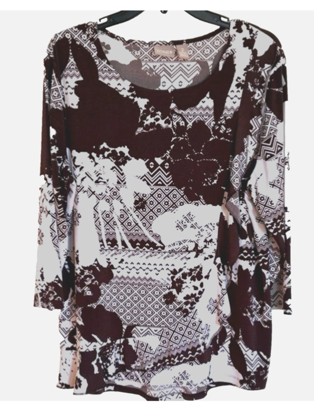 Chico’s Tunic Top Size 2 L Brown White Floral Print 3/4 Sleeve Stretch